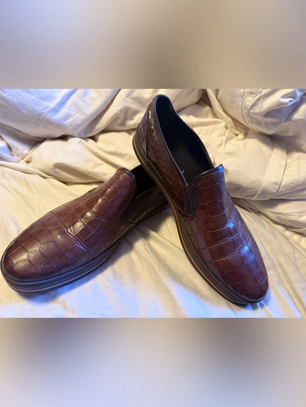 BALDININI Italy Men’s 43 Brown Croc Embossed Leather Luxury Slip On Sneakers